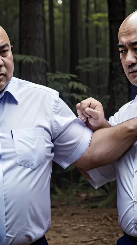 Two people wearing white shirts，Dark blue tie，Fat Chinese mature bald round-faced middle-aged man fighting fiercely in the forest，Abdomen close-up，Close shot