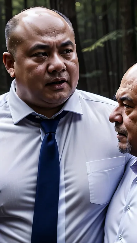 Two people wearing white shirts，Dark blue tie，Fat Chinese mature bald round-faced middle-aged man fighting fiercely in the forest，Abdomen close-up，Close shot