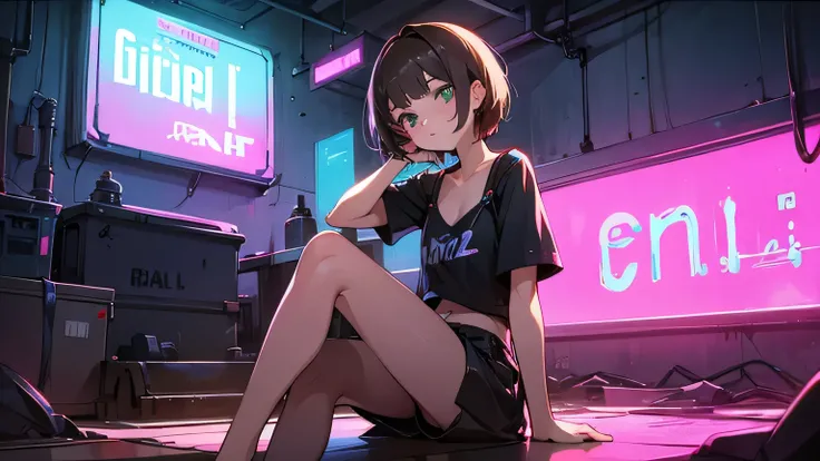 beautiful girl sitting, Short hair, brunette And to the left of her is a neon sign with the inscription "Scrap"