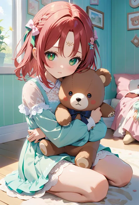 anime girl with red hair and green eyes with a tiny lace on her forehead, pastel colors, clean detailed, on her knees, hugging a bear