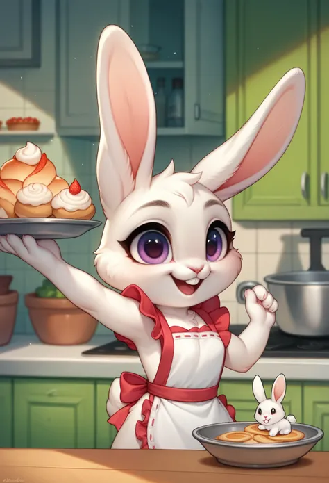 best quality, (Highly Detailed Beautiful Face and Eyes)absurdres, Perfect Anatomy(furry, angelic cute 1girl)furry anthro, rabbit Facial Features, rabbit Body Features, rabbit ears, Highly Detailed Body Fur, chibi, summer, kitchen, frilled apron,upper body,...