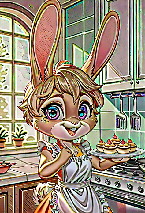 best quality, (Highly Detailed Beautiful Face and Eyes)absurdres, Perfect Anatomy(furry, angelic cute 1girl)furry anthro, rabbit Facial Features, rabbit Body Features, rabbit ears, Highly Detailed Body Fur, chibi, summer, kitchen, frilled apron,upper body,...