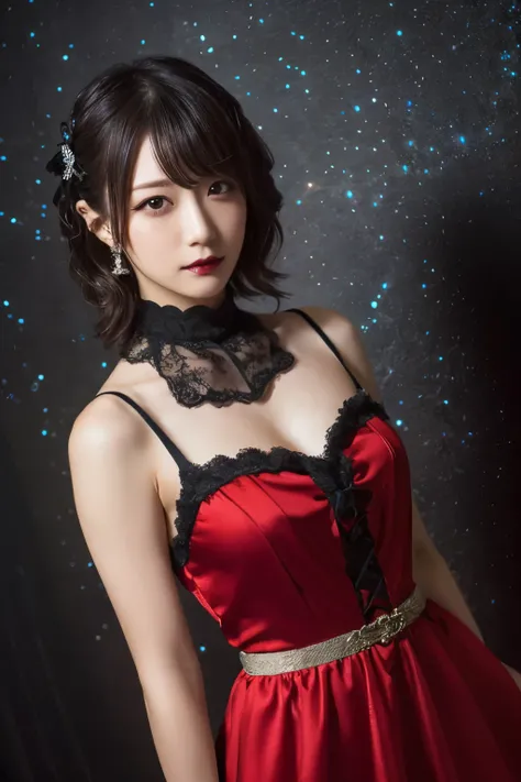 1 girl, (She is wearing a red dress:1.2), (Gothic Makeup), Portrait of a very cute Japanese symphonic metal singer, (RAW Photo Best Quality), (Realistic, Realistic:1.4), (masterpiece), 
Very delicate and beautiful, Very detailed, 2k wallpaper, wonderful, f...