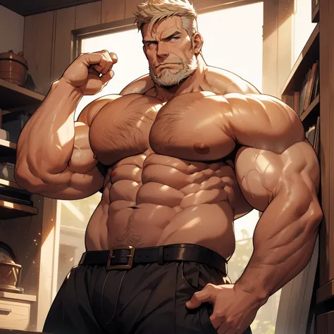 A hot daddy, Alpha male, chubby muscle, very detail face, detail eyes, imposing lord, He is shirtless, topless, tight pants, very detail pants, a detailed belt at her waist, muscular chest, very prominent pectoral, looking at the viewer], imponent pose, br...