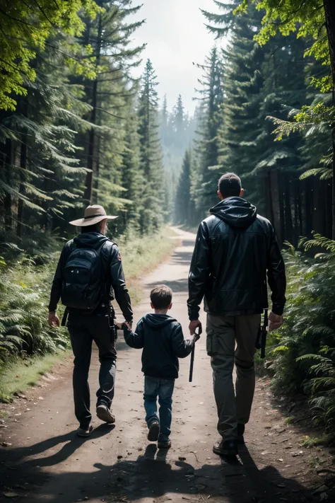 A father holding a gun and two sons walking down a path and through an ominous forest