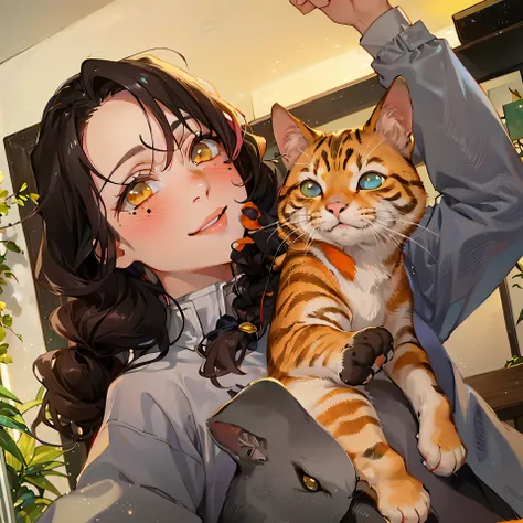 araffe woman holding a cat in her arms in a room, human cat hybrid, woman / cat hybrid, she is holding a cat in her arms, holding a cat, woman and cat, cat - like scarlet eyes, the cat is orange, bright orange eyes, orange eyes, cat photo, emo girl and her...