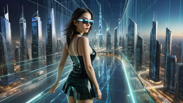 Aerial view. Estilo: arte conceitual. A cena: Futuristic cityscapes with all-glass towering skyscrapers and (sleek aerodynamic vehicles) speeding through the air, 1drone. High-resolution OLED GUI interfaces in the building, The open-air all-glass sky bridg...