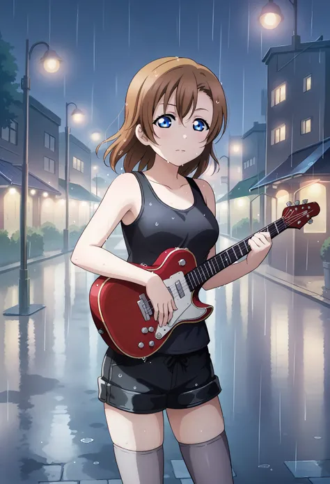 (Masterpiece, Best Quality, High Quality),anime style, love live, honoka kousaka, (blue eyes), brown hair, kousaka honoka, medium hair, 8k wallpaper, cowboy shot, black tank top, clothes drawing, standing,black latex shorts,gray thighhighs, holding guitar ...