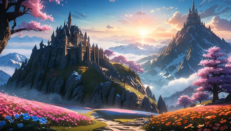 anime aestetic,  gigantic structure, dark fantasy castle build in the mountain,  big flower field, rocky terrain, view from the foot of the mountain, snowy peak, little trees colorful flowers, dark stone, dry weather, setting sun, blue mist, , cinematic li...