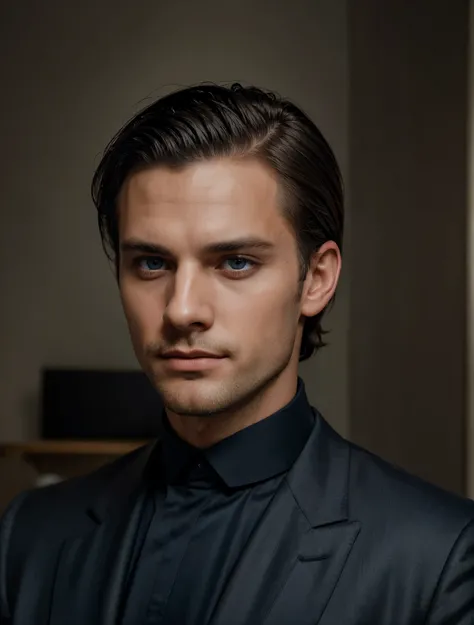 Professional man in great clothes, blue eyes, Beautiful man with serious appearance, unilaterlal long dark hair, shaved on one side, Elegant man and sober, Long and great barber, (Realistic and high-quality image), ((Best quality, 8k, master piece).