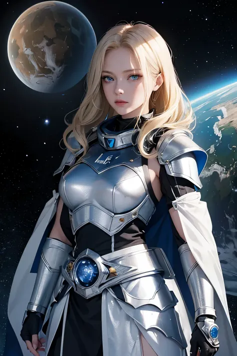 A beautiful woman. Blonde hair and blue eyes. Twenty-two years old. She is looking at the camera with a defiant expression. She wears silver-white metallic armor. There is something on the waist that is reminiscent of Kamen Riders transformation belt. An i...