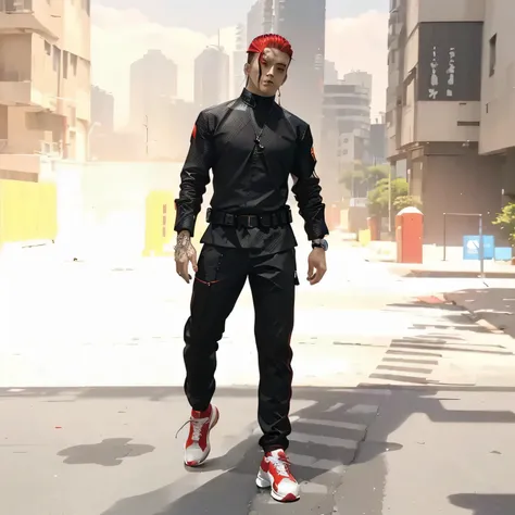 arafed man in black shirt and red and white shoes with mulet hairstyle, cyberpunk street goon, with sifu style, full body photo, full body photo with very detailed focus, looking heckin cool and stylish, upper body avatar, with background in between urban ...