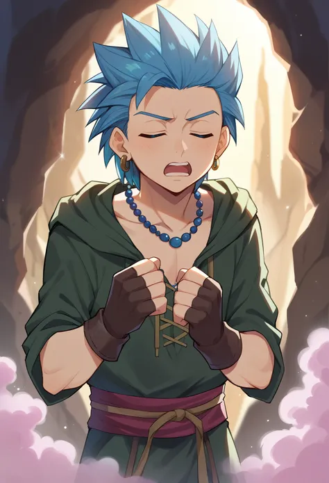 score_9, score_8_up, score_7_up, 1boy solo, erik, spiked hair, blue eyes, jewelry, earrings, blue hair, necklace, gloves, finger...