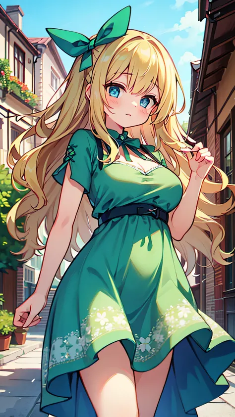 a woman in a medieval city, wavy blonde bust-length hair, blue eyes, modest breasts, kawaii, green floral sundress, green bow in hair