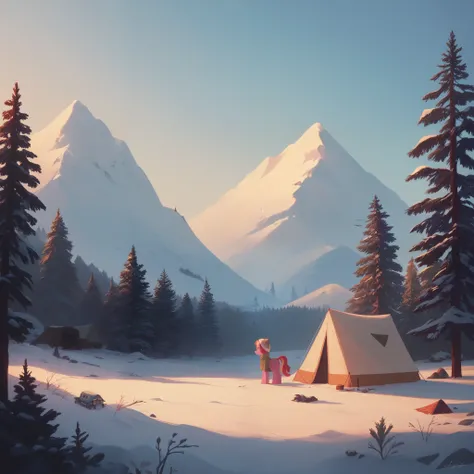 winter landscape background, camping in the snow, a tent, outdoors, my little pony style, just landscape without characters
