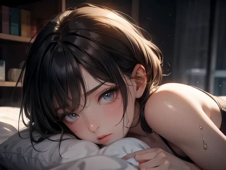 On the bed、Masturbation、Very short hair girl、Face down、Push up your ass、Relaxed loungewear、Face close-up、Erotic、(((orgasm、Expressions of ecstasy、Avert your eyes from the audience、shame,Heavy breathing)))、(((Heavy sweating、Sweat on face、Fog around the mouth...