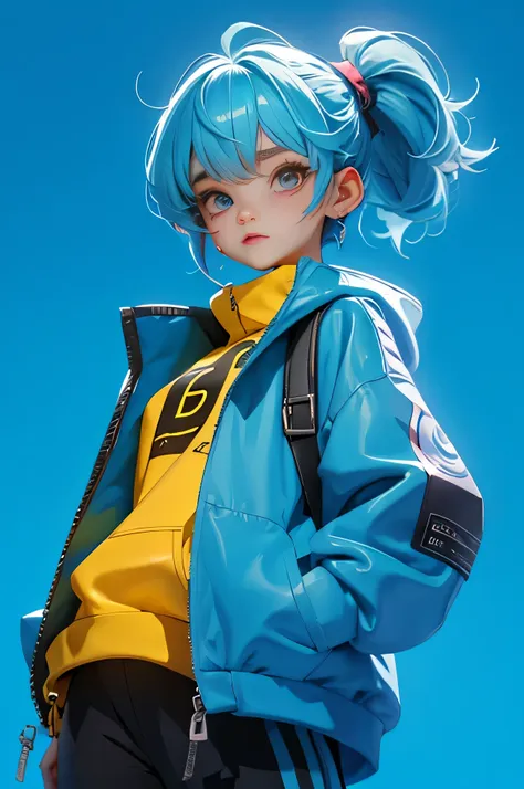 Blind Box, blue Background, gender: female, age: 25, hair: blue, eyes: red, pose: side standing, face: relaxed, clothes: futuristic neon jumping jacket