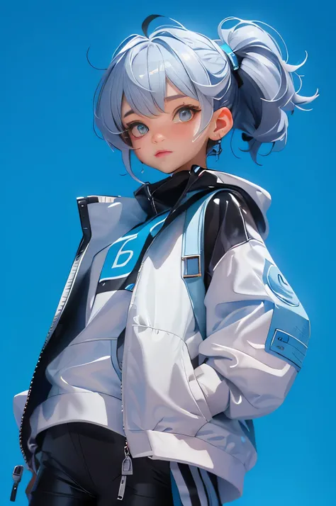 Blind Box, blue Background, gender: female, age: 25, hair: white, eyes: gray, pose: side standing touching lips with hands, face: crazy laugh, clothes: futuristic robotic suit