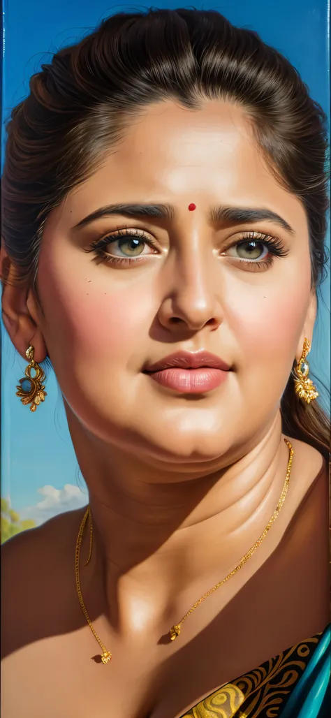 Looks like Anushka Shetty, (solo), middle aged woman, Masterpiece, Best quality, high clarity eyes, Full face, beautifully styled hair, curvy, sexy navel folds, feminine curve, motherly figure, critically flawless,sharp picture, Full portrait, High pixels,...