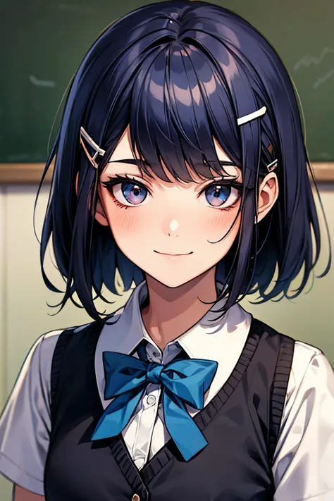 1 girl, Solo, teenager, cutie girl, Best Quality, masterpiece, 8K, High resolution, Ultra-detailed, madeon, (portrait, face focus), dark blue hair, bangs, hair clip, bob hair, light smile, gentle smile, closed mouth, grace, school girl, uniform, collared s...