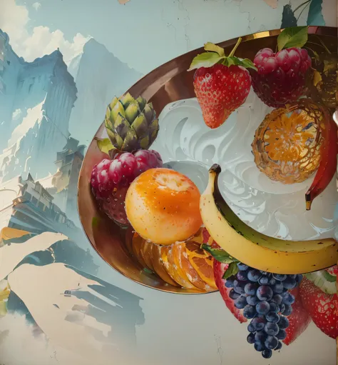 there is a painting of a bowl of fruit and a banana, surreal collage, digital collage, a contemporary artistic collage, fruit, fruit bowl, inspired by Lubin Baugin, inspired by Matthias Grünewald, collage artwork, bowl of fruit, inspired by Jan Davidsz. de...