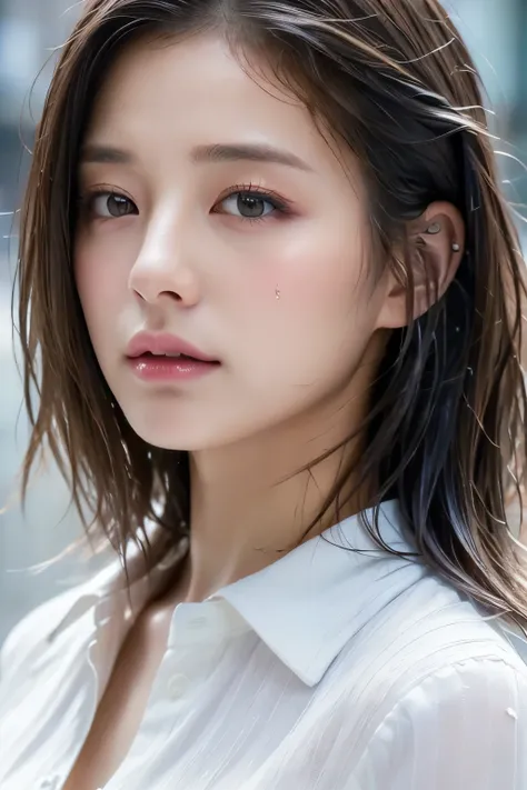 ((Best Quality, 8K, Masterpiece: 1.3)), Sharp: 1.2, Perfect Body Beauty: 1.4, Slim Abs: 1.2, ((Layered Hairstyle, Big Breasts: 1.2)), (Wet White Button Long Shirt: 1.1), (Rain, Street: 1.2), Wet: 1.5, Highly detailed face and skin texture, detailed eyes, d...