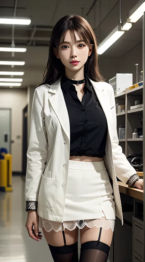 (highest quality: 1.4), (hyperreality), (Super detailed), 1 beautiful girl, Super cute, looking straight ahead. Composition seen from the side, wonderful face and eyes, Sexy scientist outfit, (white scientist coat:1.5, white fitted shirt unbuttoned at the ...