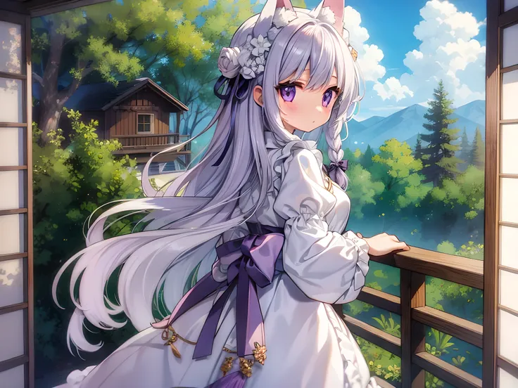 (1girl,
,
purple eyes,
long hair,
silver hair),
BREAK,
Twin braids,
Commoners faded white apron dress,
Commoners attire,
found a house of candy in the woods,
Looking back,
very fine hut made of candy,