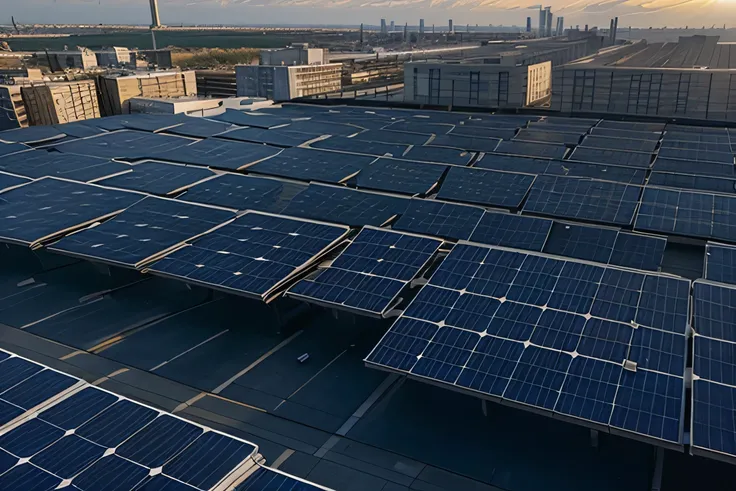 City of the future, rooftops full of solar panels, no people