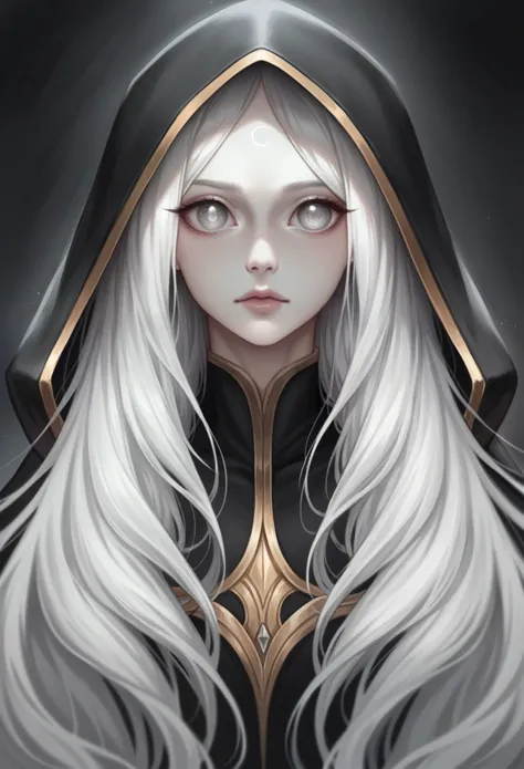 White elf woman, medium grey hair color, very long flowing hair, grey eye color, small eyes, realistic human eye shape, round eye shape, eyeliner, realistic face shape., portrait, wearing a black hood, black background, SMALL chest, Depth of Field. looking...