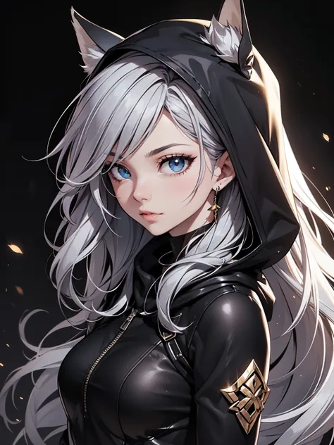 White fox woman, medium grey hair color, very long flowing hair, grey eye color, small eyes, realistic human eye shape, round eye shape, eyeliner, realistic face shape., portrait, wearing a black hood, black background, SMALL chest, Depth of Field. looking...