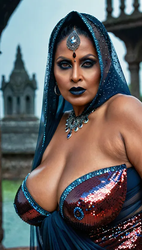 Looks like Nadhiya Moidu, full body Closeup shot, Big chubby aunty, milf, cougar lady witch, horny Gothic milf,  70 years old gorgeous mature lady, pervert demoness, demoness of lust, curvy, black lips, horny face, extremely gorgeous, thick figure, heavy p...