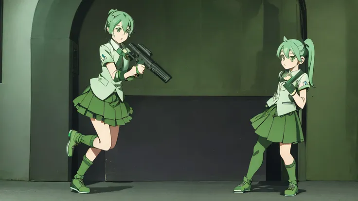 Hatsune Miku，Shotgun，Large diameteghting，Metal，Green Gun，Green long hair，Twin ponytails，girl，Green Skirt，