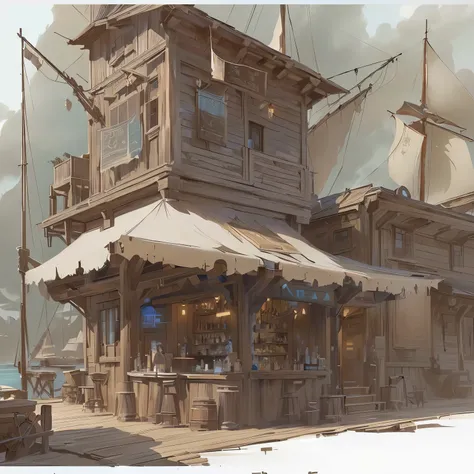 there is a drawing of a bar on the dock with a sail in the background, concept art!, concept art style, concept art for a video game, concept art!!, concept art highly detailed, detailed concept art, very detailed concept art, 2d concept art, tavern backgr...