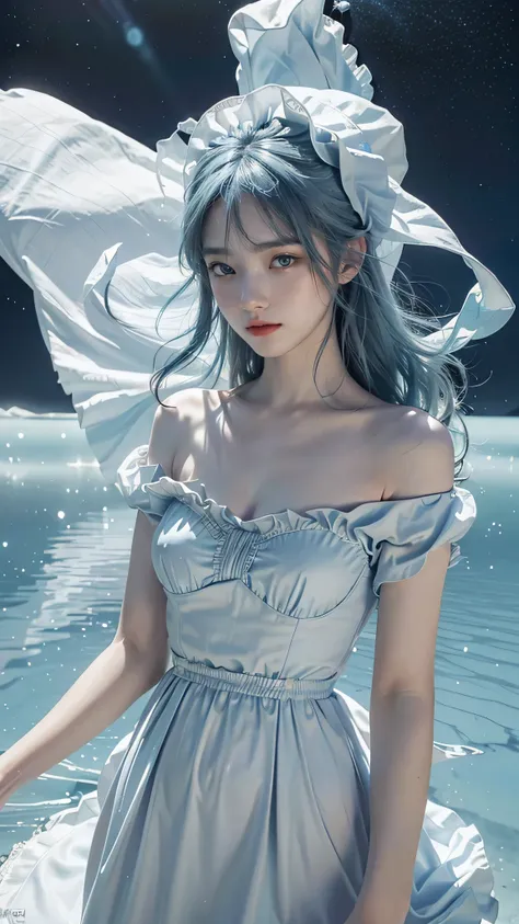 absurdres, highres, (official art, beautiful and aesthetic:1.2), (near vision:1.15), (1girl, blue hair, medium hair, blue eyes, bright eyes, long white dress, blue ruffle,:1.2) blue sky, Shimmering Galaxy, (Salar de Uyuni:1.2), (fractal art:0.8), water eff...