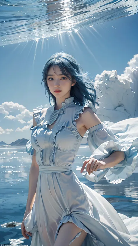 absurdres, highres, (official art, beautiful and aesthetic:1.2), (near vision:1.15), (1girl, blue hair, medium hair, blue eyes, bright eyes, long white dress, blue ruffle,:1.2) blue sky, Shimmering Galaxy, (Salar de Uyuni:1.2), (fractal art:0.8), water eff...