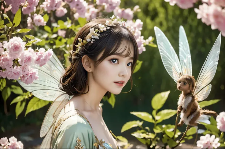 Best Quality　masterpiece　detailed　A beautiful winged fairy　Lots of big flowers　Photo style　Fantasy　Dramatic Production　Fantasy　Fairy tale