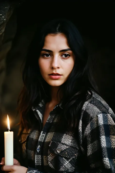 Photograph of a woman, (disturbed facial expression), textured leather, Goosebumps, black hair , plaid flannel shirt with distressed boyfriend jeans, COWBOY SHOT, Dark and mysterious cave with unique rock formations and hidden wonders, perfect eyes, (candl...