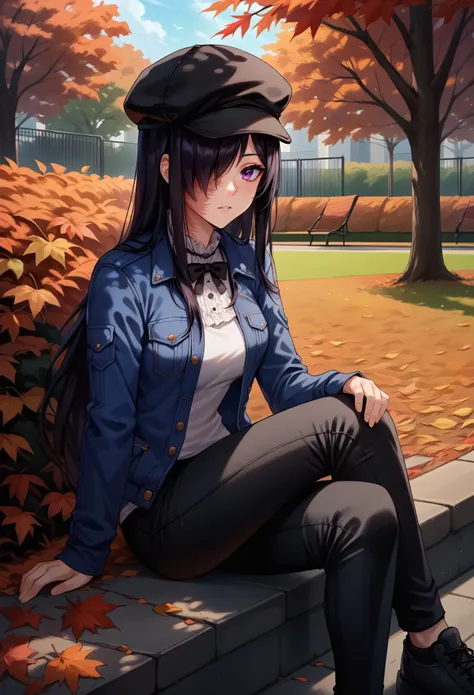 score_9, score_8_up, NSHanakoCasual, purple eyes, hair over one eye, black hair, long hair, scar on face, scar on arm, sidelocks, blue jacket, blue sleeves, blouse, black pants, black neck ribbon, black cabbie hat, black pants, sitting, park, Autumn, red l...