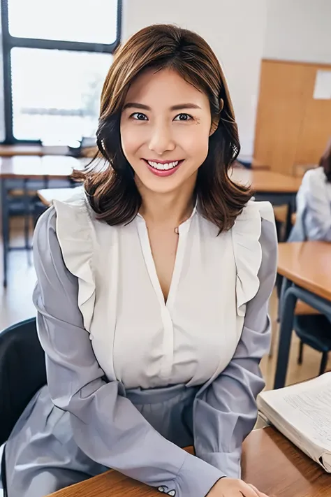 Brown Hair、Medium Hair、smile、Big Breasts、Sexy body、White Shirt with Ruffles、Grey itting in an office chair、In a school classroom