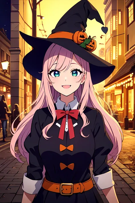 ((masterpiece)), ((best quality)), (ultra-detailed), ((kawaii)), cute, (lovely), ((extremely detailed)), 4K, (8K), best quality, (beautiful), illustration, ((upper body)), a pretty woman, solo, wearing Halloween costume, walking through city streets, dress...