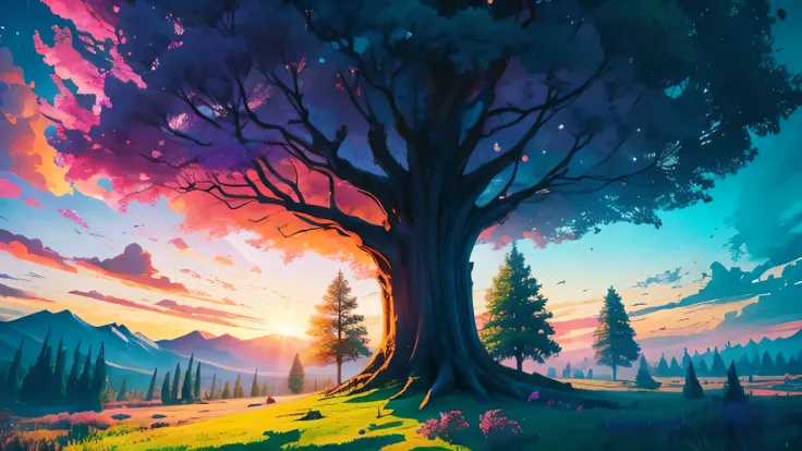 landscape, wallpaper, colorful sky, very colorful, Kingdom in Heaven ,, big tree