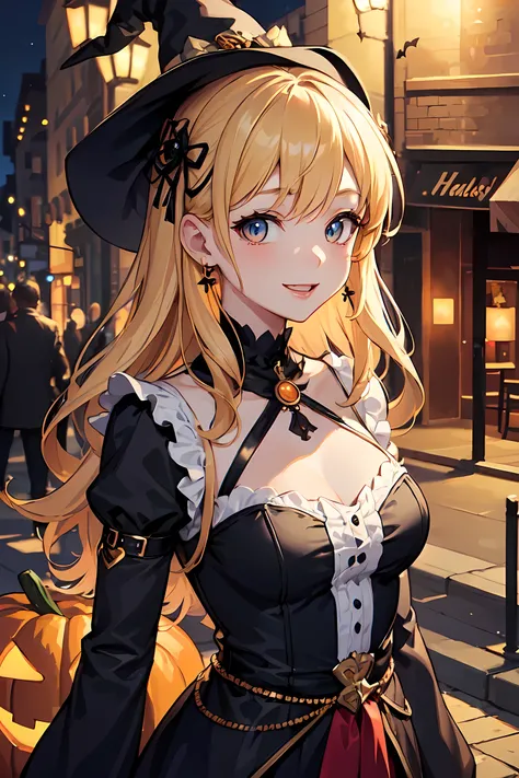 ((masterpiece)), ((best quality)), (ultra-detailed), ((kawaii)), cute, (lovely), ((extremely detailed)), 4K, (8K), best quality, (beautiful), illustration, ((upper body)), a pretty woman, solo, wearing Halloween costume, walking through city streets, dress...