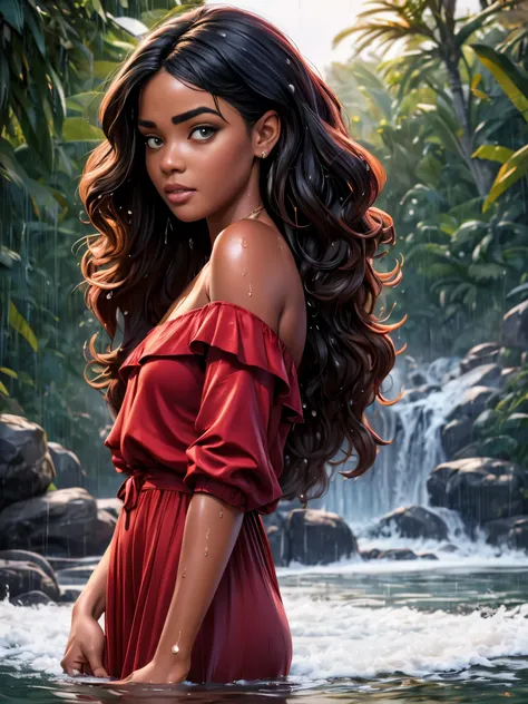 masterpiece,ultra realistic,32k,extremely detailed CG unity 8k wallpaper, best quality, billie eilish,  (loose fitting Dark red Off-the-shoulder dress ), hands pulling low ,((winter day )), Beachy waves with a side part ,eardrop,lady ,necklace,sexy,breast,...