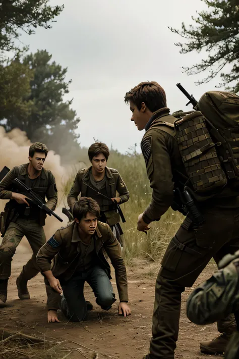 
 Thomas and Teresa fight the soldiers.  
Text: “Freedom has a price.”
Newt and Minho cover their escape, shooting at the soldiers.  
