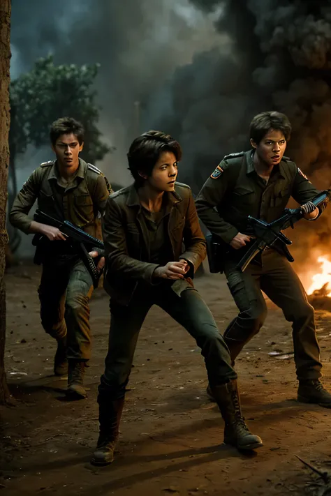 
 Thomas and Teresa fight the soldiers.  


Newt and Minho cover their escape, shooting at the soldiers.  
