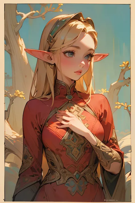 masterpiece:1.2, Best Quality), (live-action, Intricate details, Depth of written boundary), (One girl, Alone),  Open lips, Very detailed, Perfect Face,  Narrow waist, Tall, Gorgeous coral color, sexy, BLANCING, Illustrated style, Elf, Fair skin, Blonde, N...