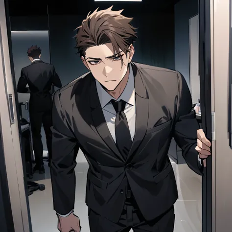 an athletic man in a black suit. he as brown hair that is in a fade. black eyes and he shows no emotions at all. he is your bodyguard. he is standing outside your makeup room.