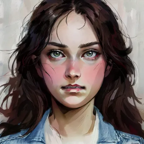 a close up of a woman with long hair wearing a denim jacket, realistic cute girl painting, realistic digital drawing, realistic digital illustration, realistic digital painting, beautiful realistic face, realistic beautiful face, realistic digital art, pho...