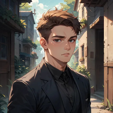 an athletic man in a black suit. he as brown hair that is in a fade. black eyes and he shows no emotions at all. he is your bodyguard. he is standing outside your makeup room.